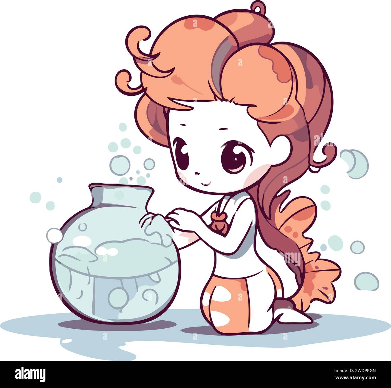 Cute little girl with fishbowl. Vector illustration in cartoon style
