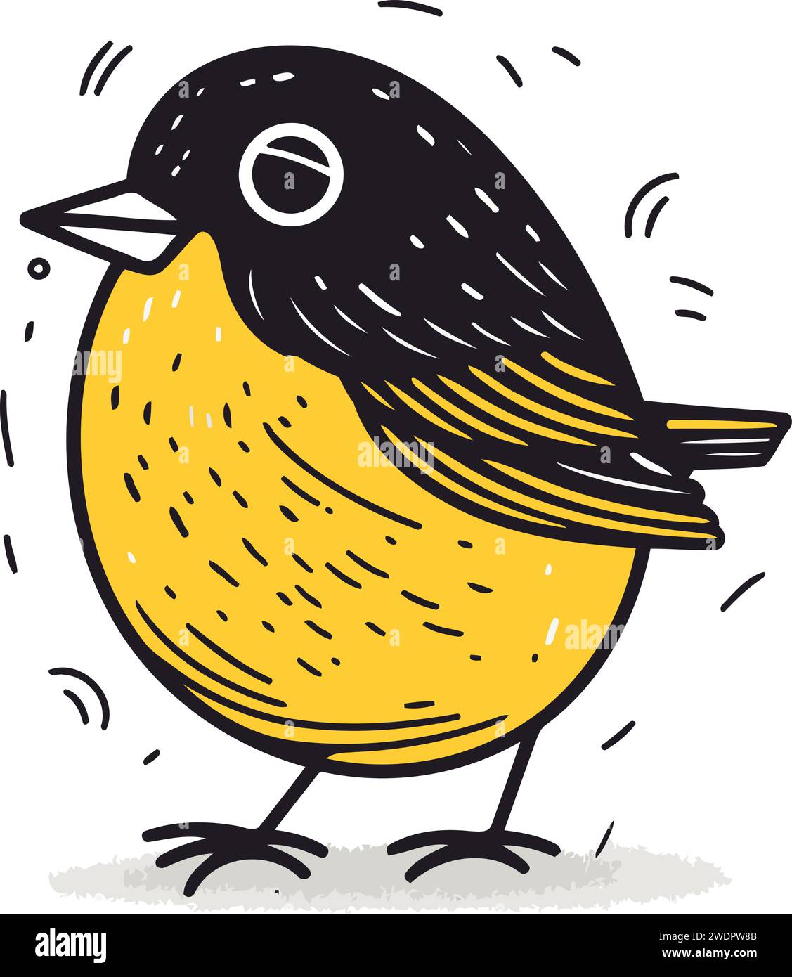 Cute cartoon black and yellow bird. Hand drawn vector illustration