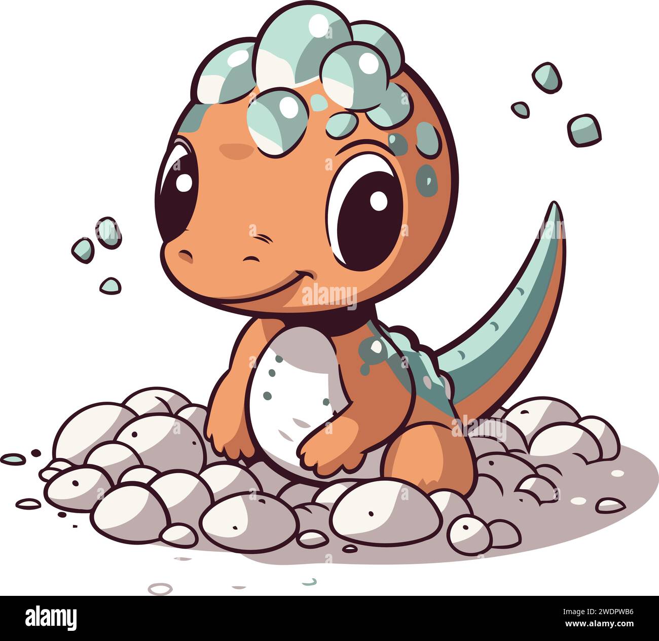 Cute cartoon dinosaur in the mud. Vector illustration isolated on white background. Stock Vector