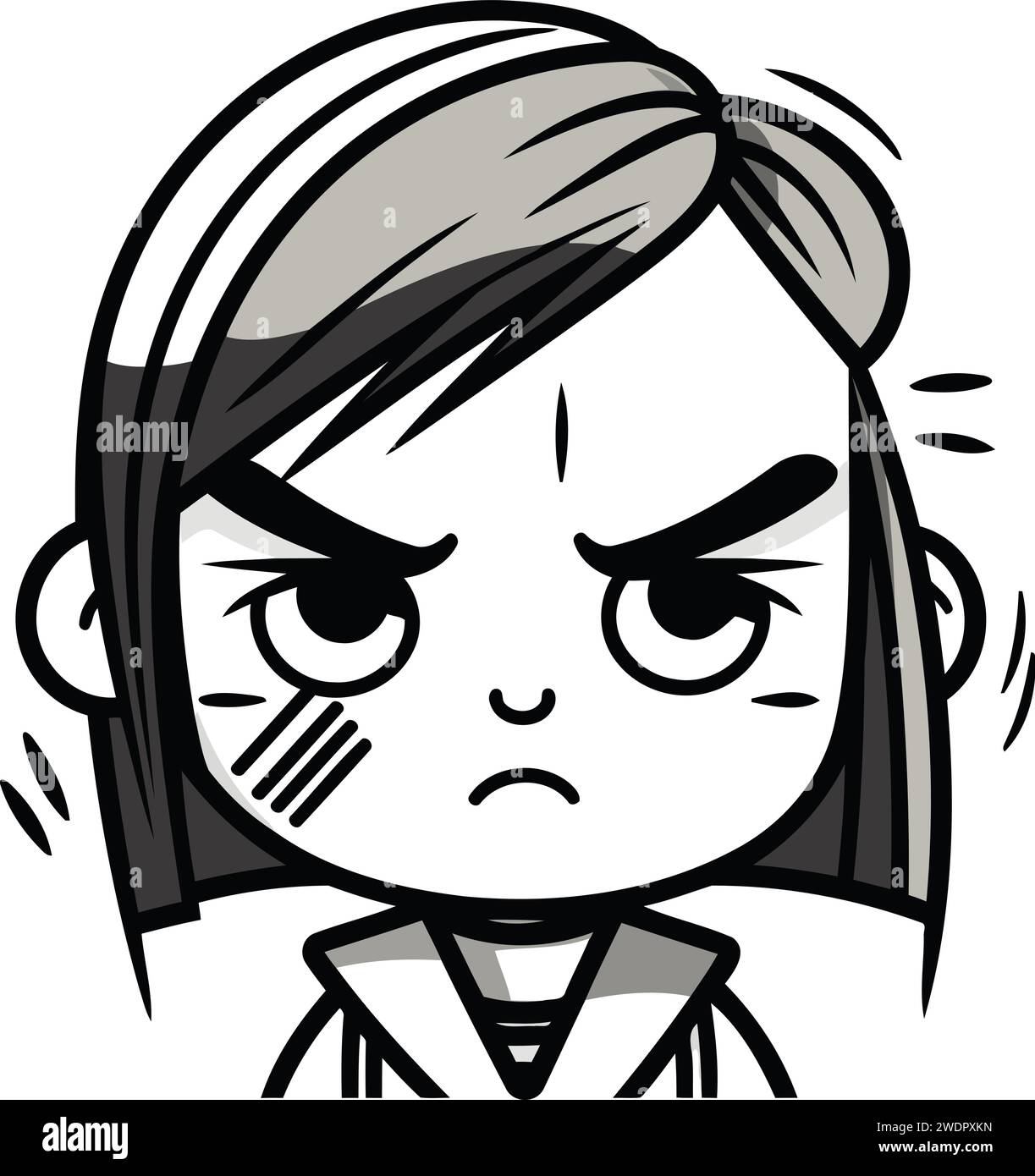 Angry Girl   Black and White Cartoon Vector Illustration Stock Vector