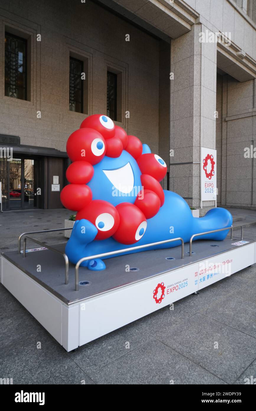 A statue of Myaku-Myaku, the mascot for the 2025 World Expo in Osaka, installed in front of the 
