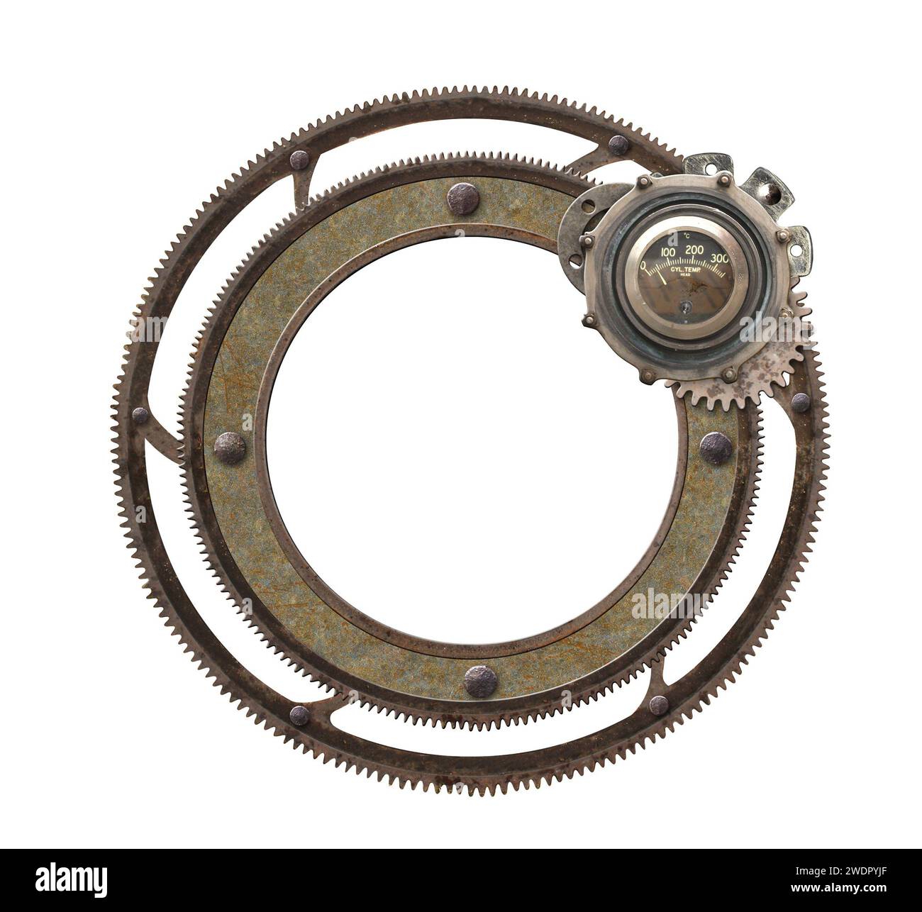 Metallic round frame with vintage metal details, gear and retro rivets ...