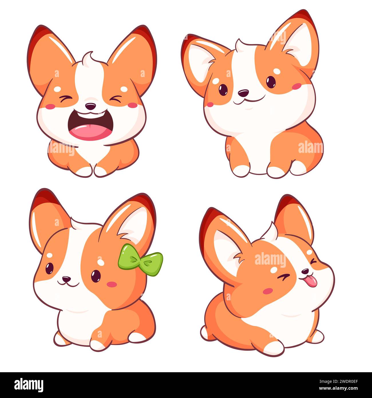 Set of little dog in kawaii style. Tiny corgi puppy in multiple poses. Cute pet expression sheet collection - funny, happy, surprised, sticking out to Stock Photo