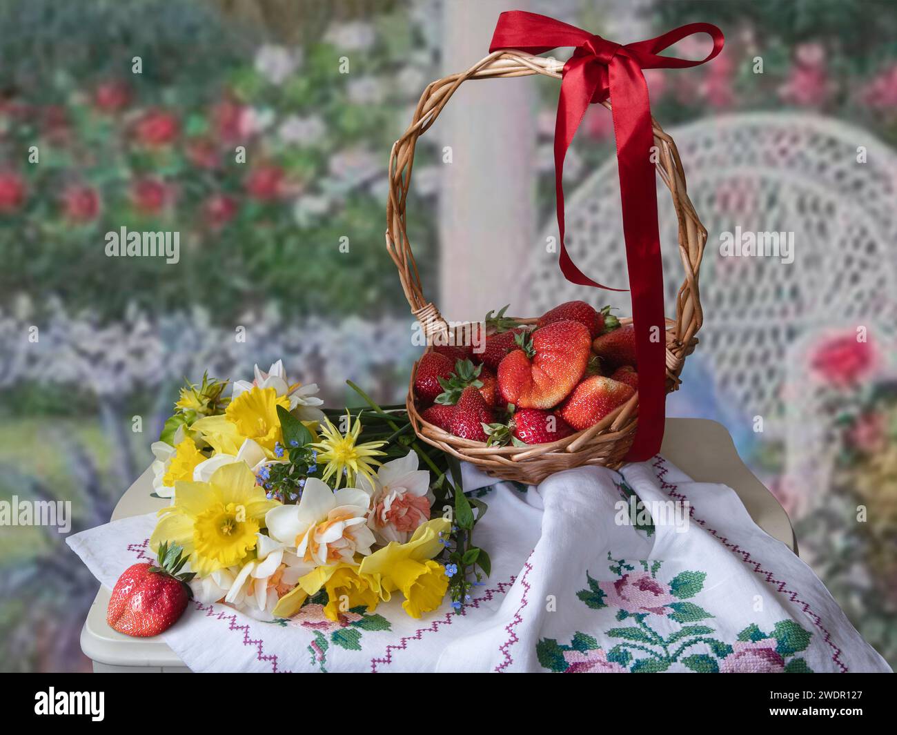 Still life with flowers and strawberries Stock Photo - Alamy