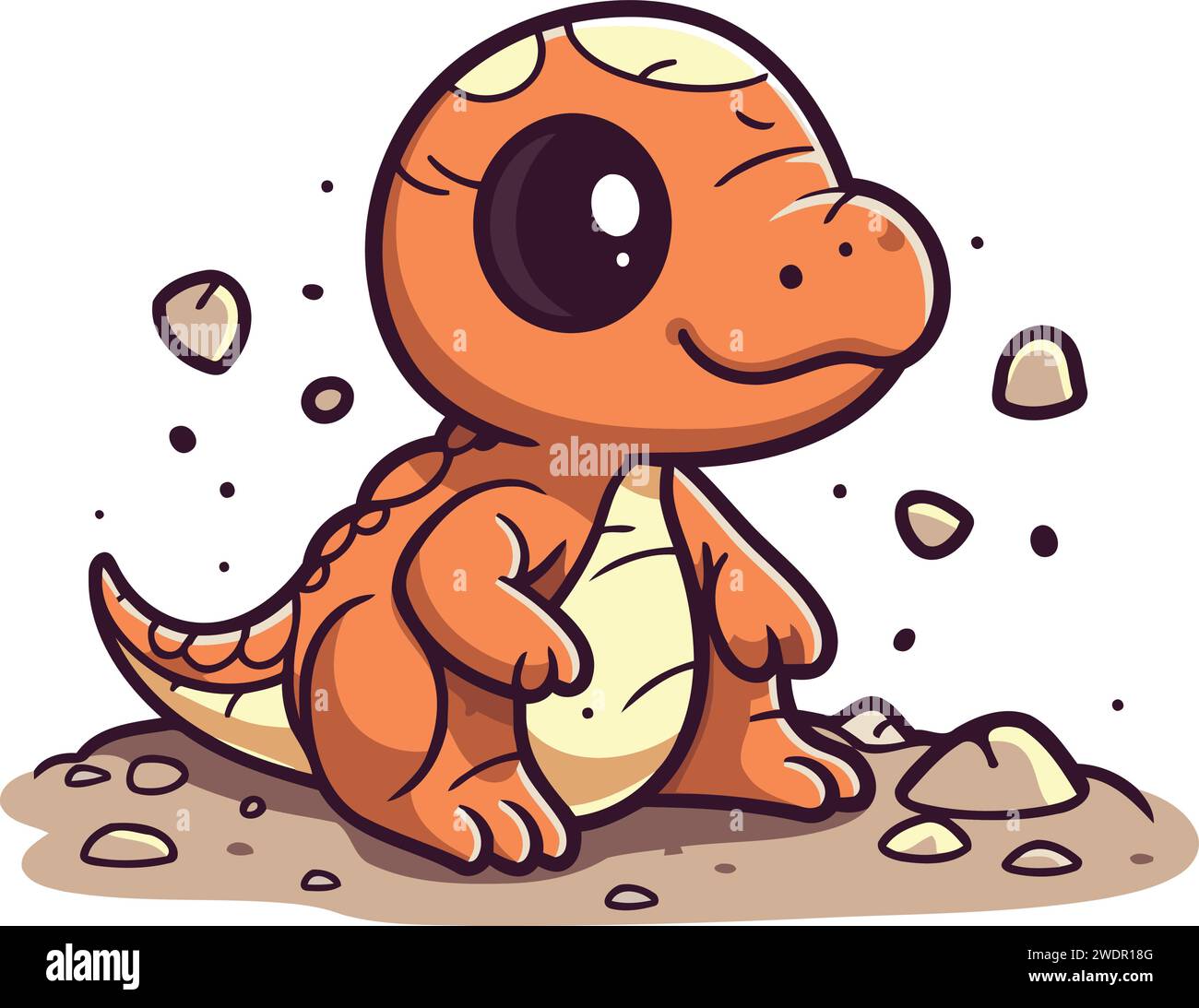 Cute cartoon baby dinosaur sitting on the sand. Vector illustration ...
