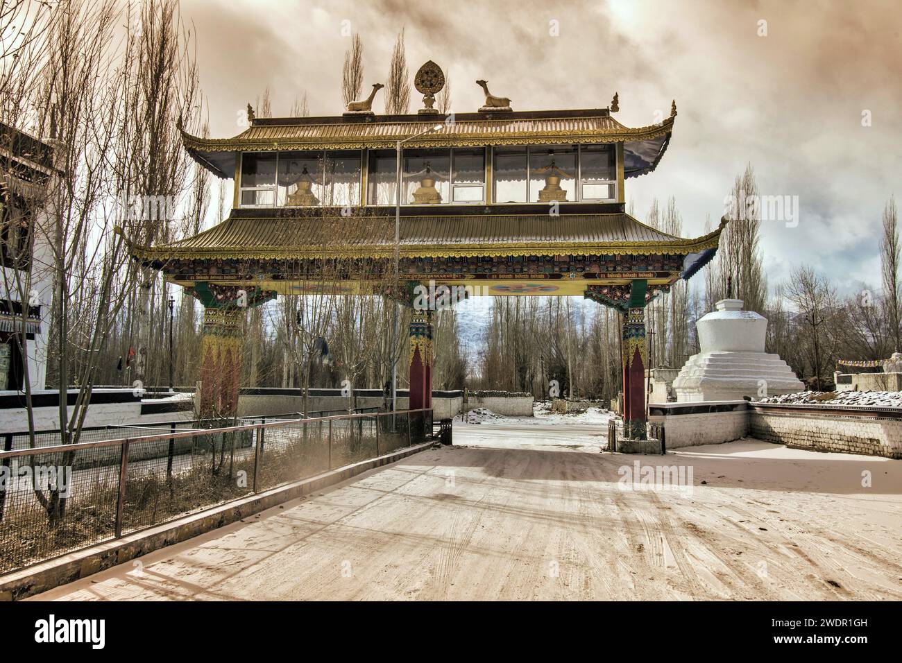 Thiksey Buddhist Monastery entrance, Leh, Ladakh, Kashmir, India, Asia Stock Photo