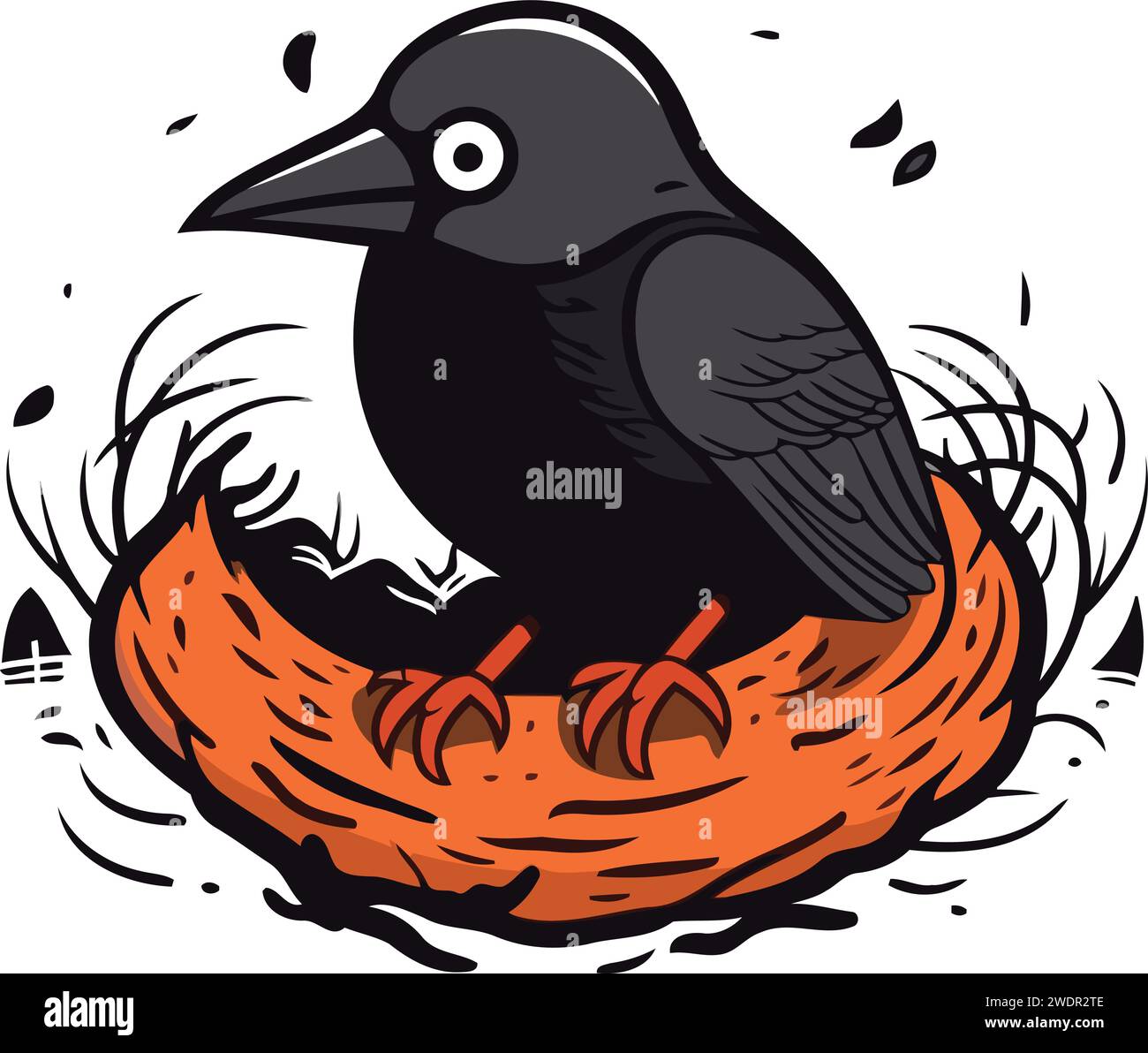 Crow in nest. Vector illustration of a bird in the nest Stock Vector