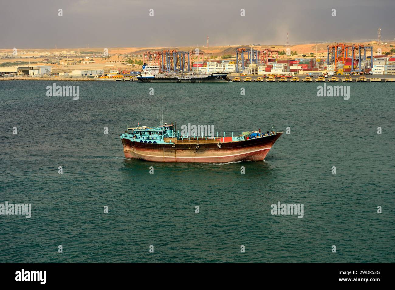 Dhau, ship, harbour, containerport, Salalah, city, Oman Stock Photo