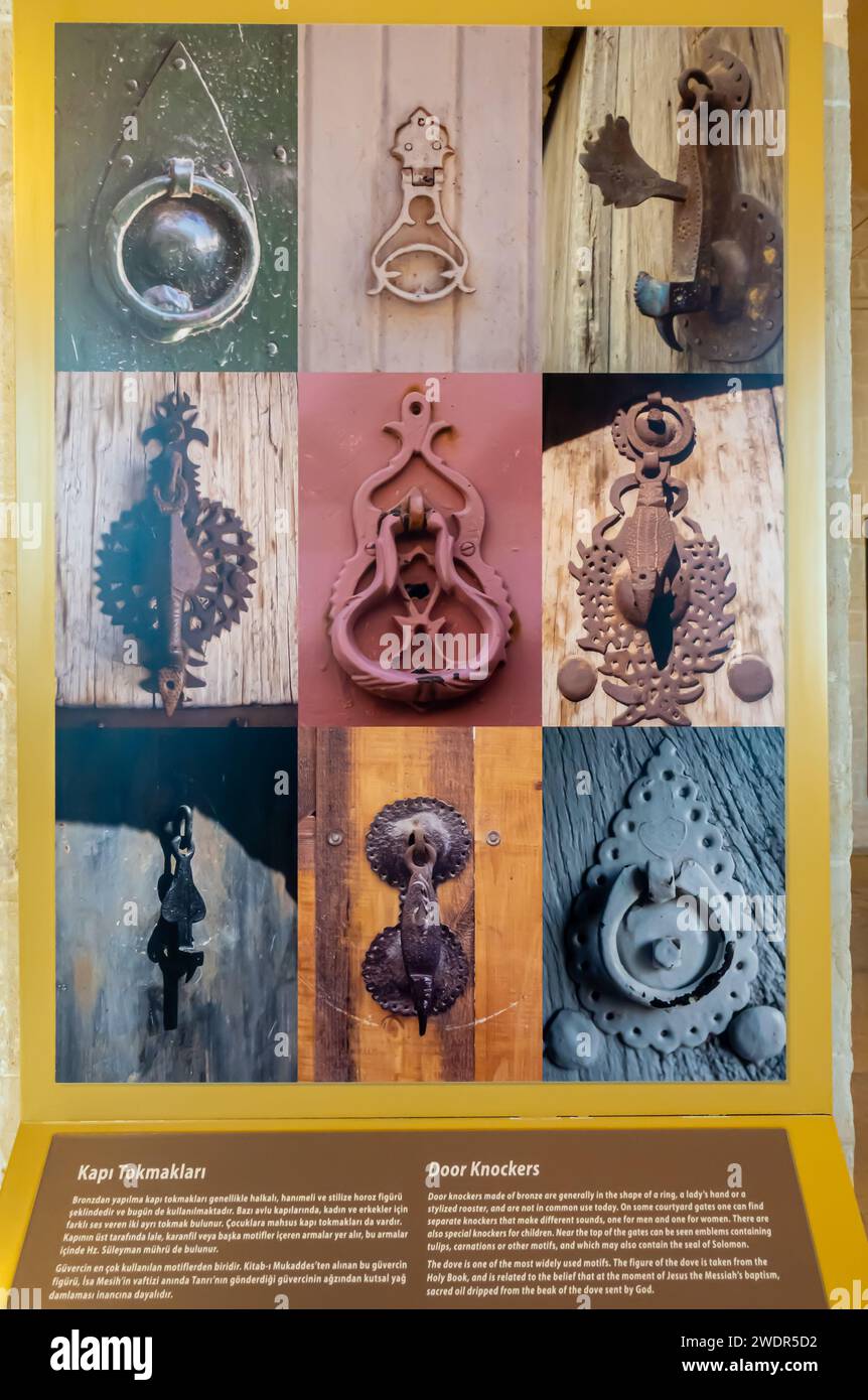 Types of metal door knockers in Mardin Turkey, exposition photograph in Mardin museum Stock ...