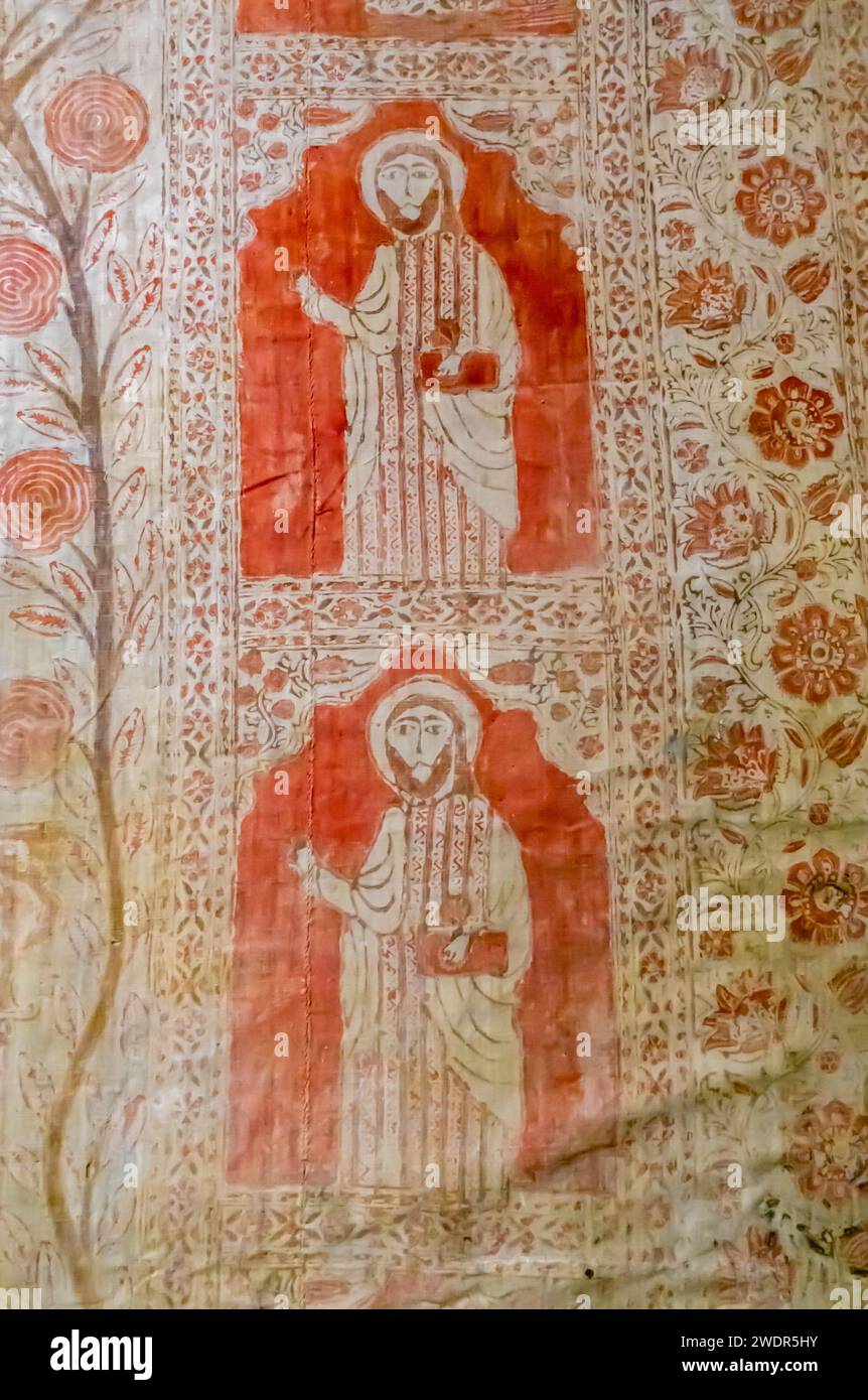 The Crucifixion and the Twelve Apostles, 19th century. Woodcut print and hand-painting with plant-based dyes on linen textiles, Mardin Turkey. detail Stock Photo