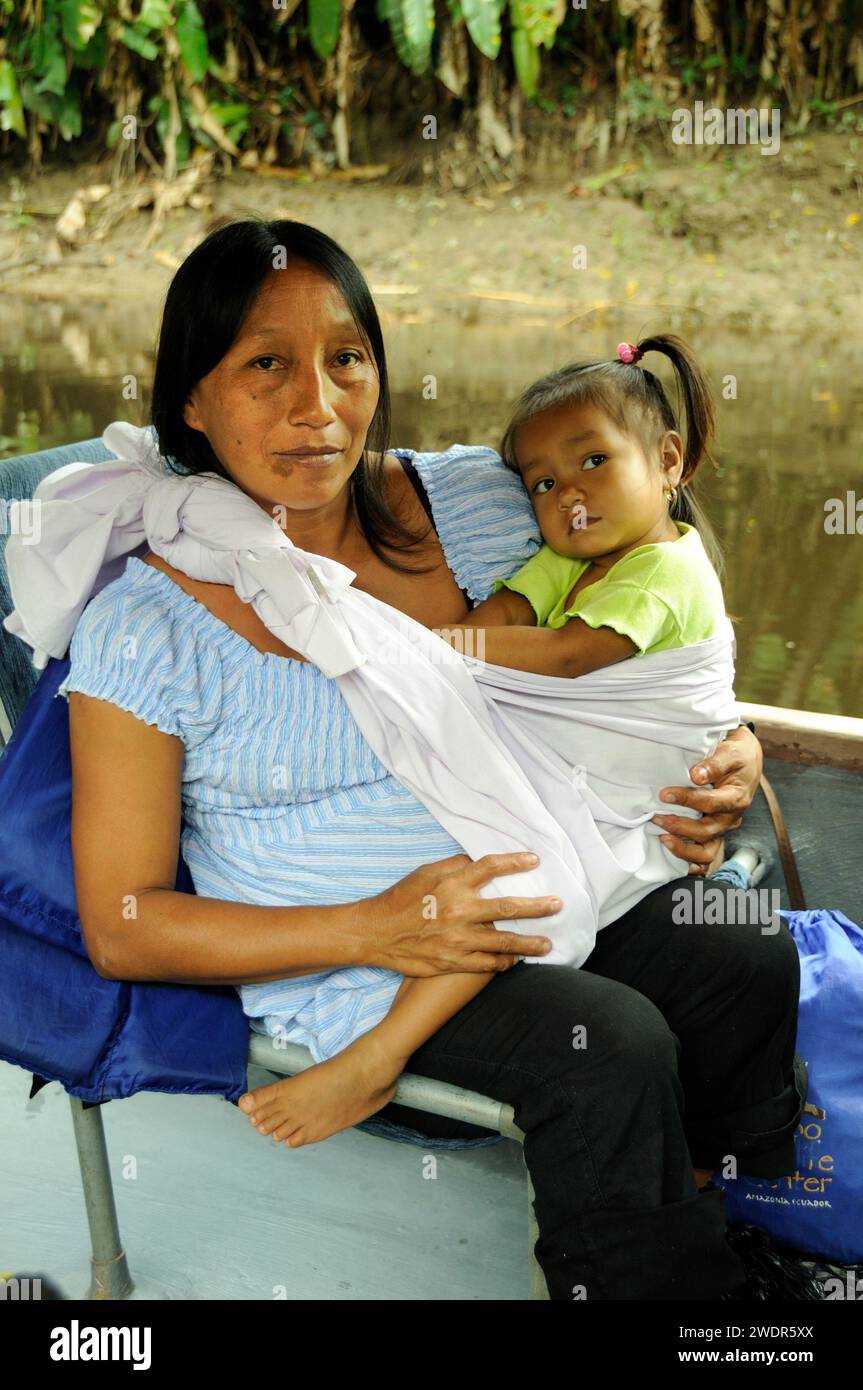 South America, Ecuador, Amazon, , Yasuni National Park, Añangu Quichua Community, woman with baby Stock Photo