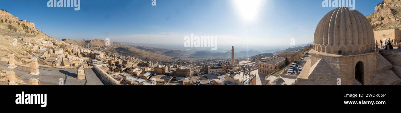Panoramic view of Mardin Turkey through Sultan Isa Medrese or Zinciriye Medrese Stock Photo