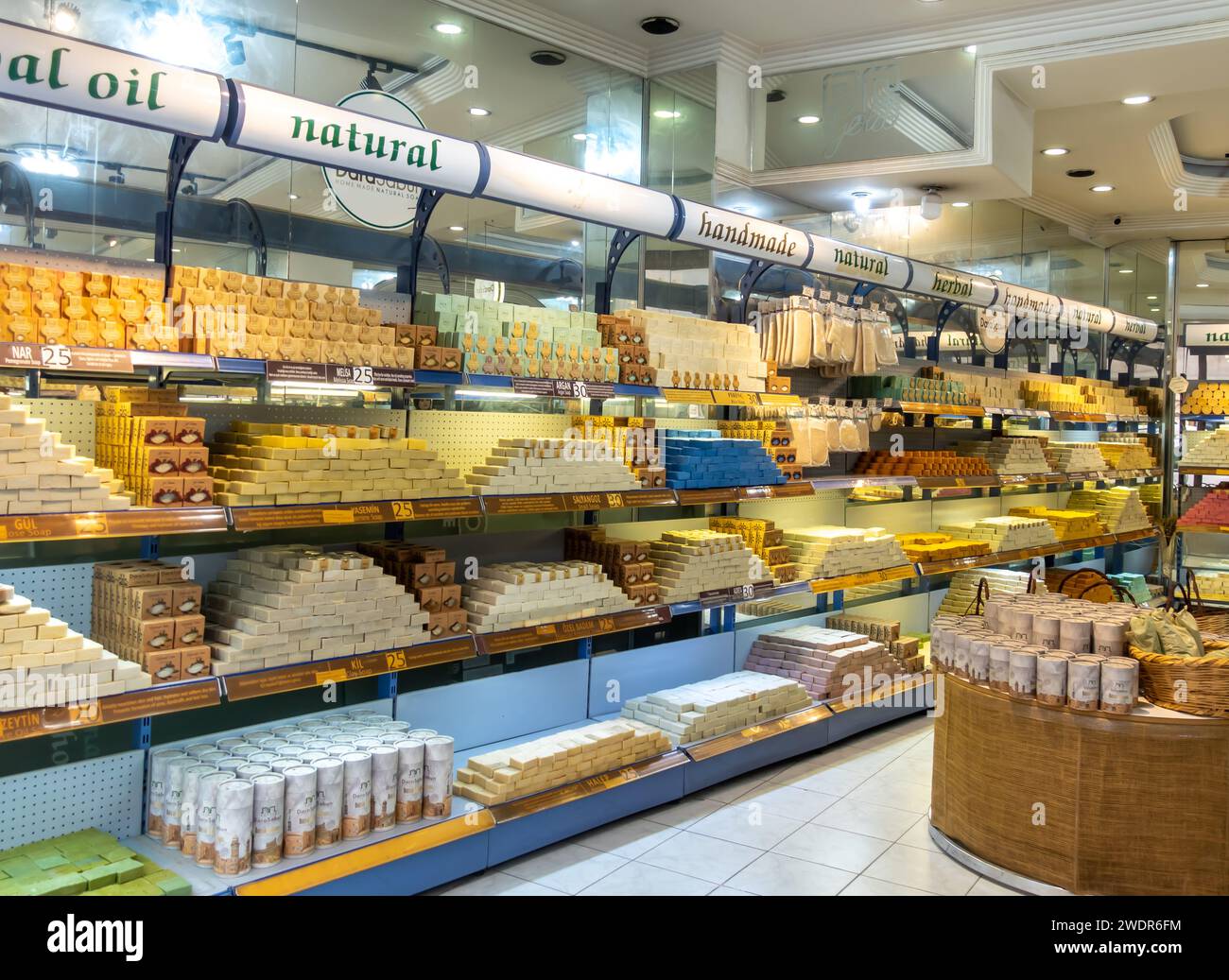 Oils, soap, soaps, bath accessories, bath soap store shelves, traditional soaps from Mardin Turkey Stock Photo