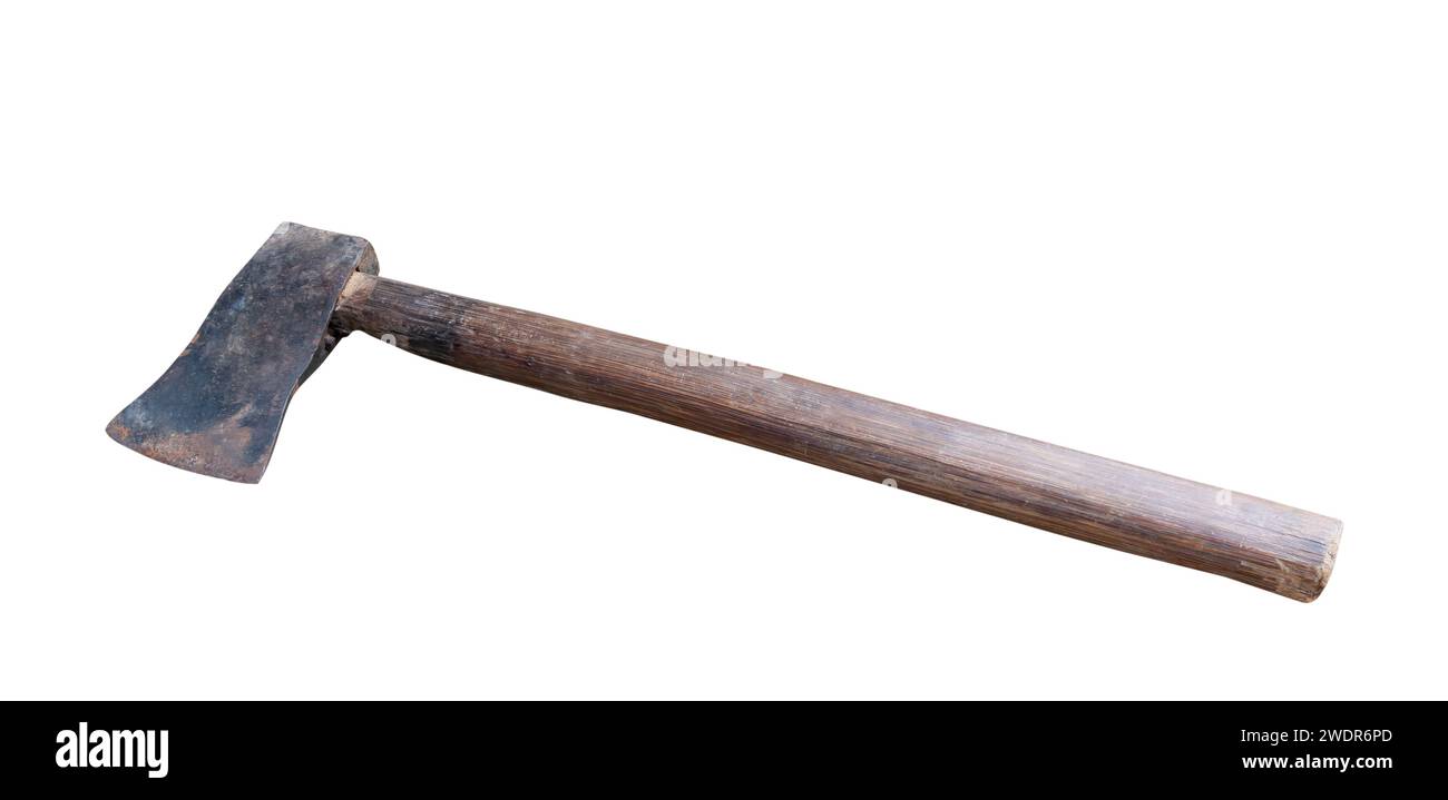 Old rust dirty dark gray axe with brown wooden handle is isolated on white background with clipping path. Stock Photo