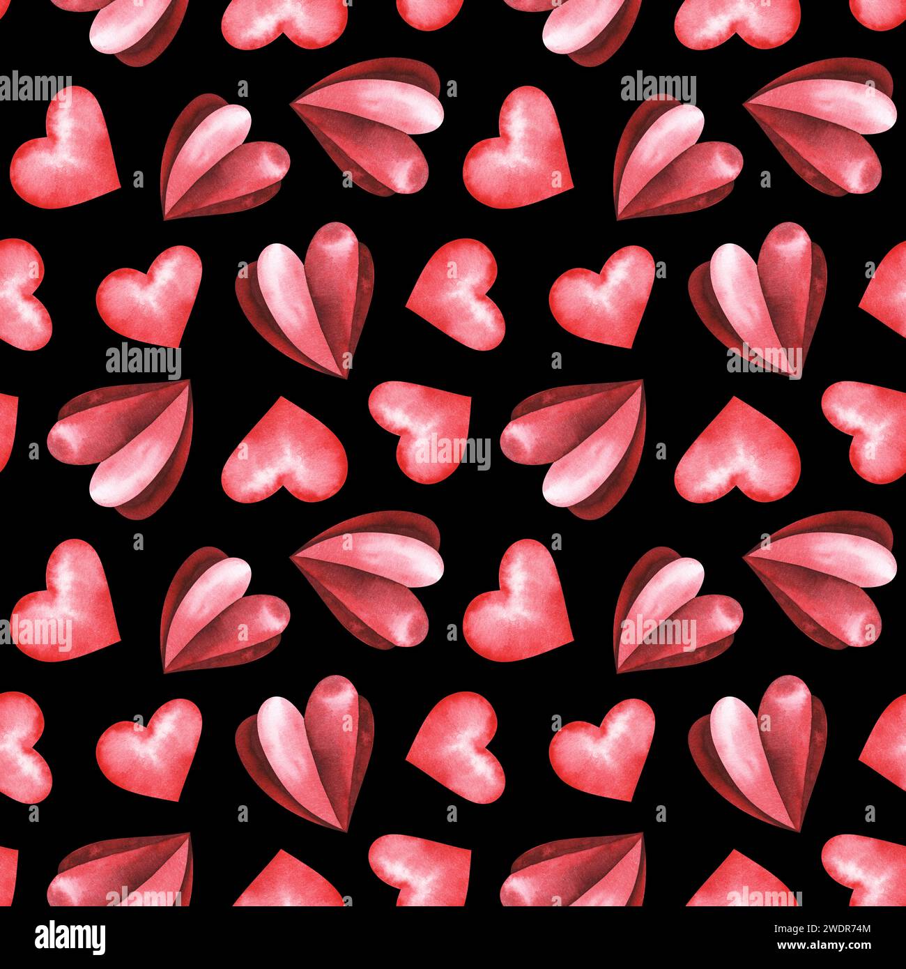 Watercolor red hearts seamless pattern isolated on black background ...