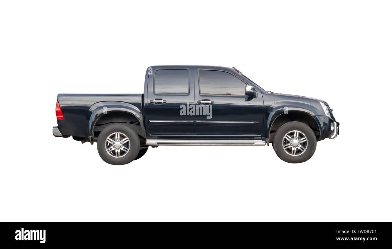 Side view of black pickup truck is isolated on white background with clipping path. Stock Photo