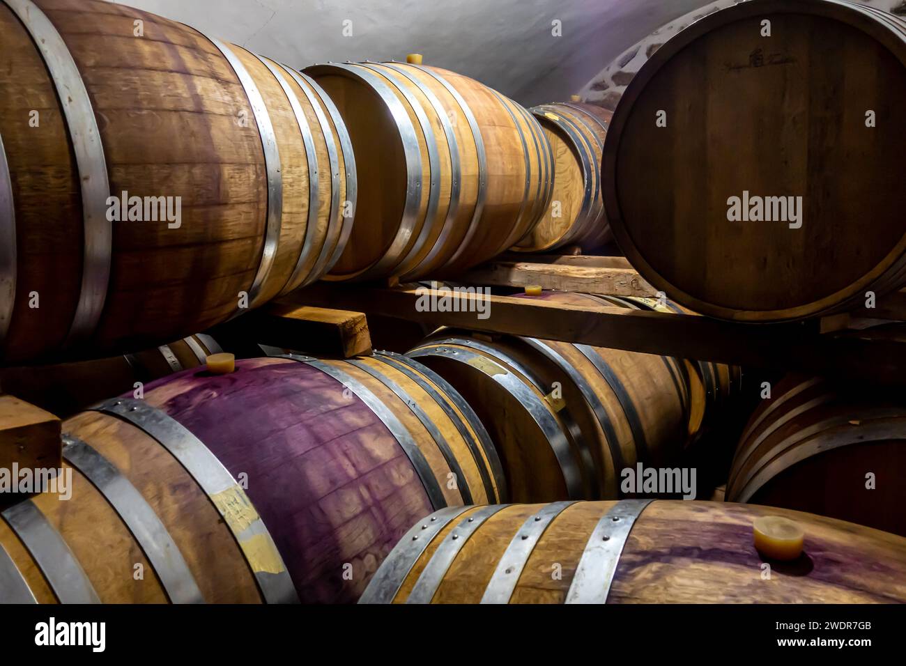 Barrels of wine in a wine making production in Midin Şarapçılık winery, Southeastern Turkey