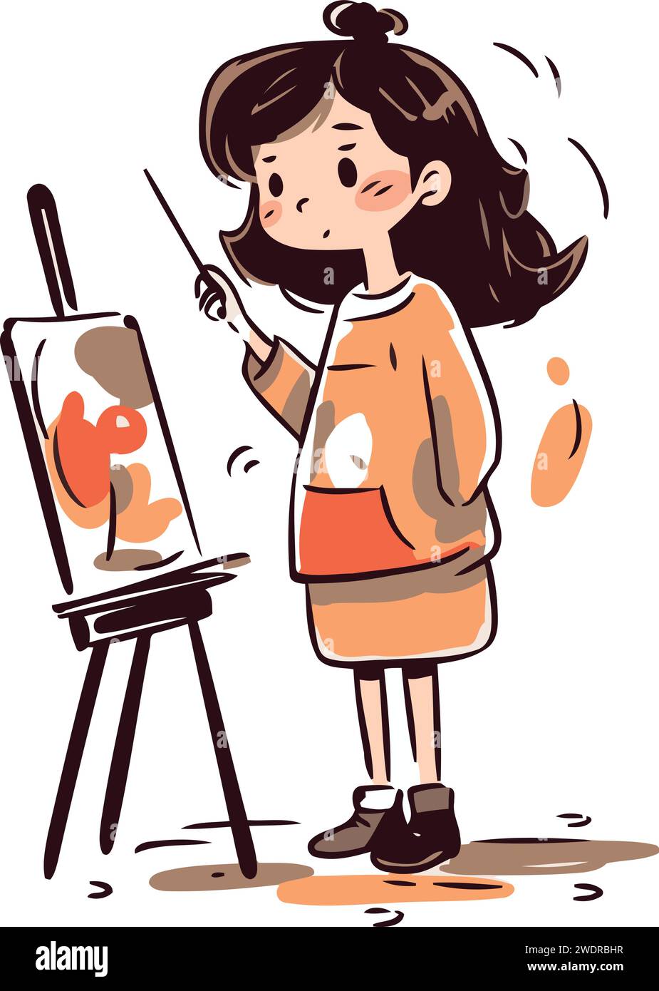 Little girl painting on easel. Vector illustration in cartoon style ...