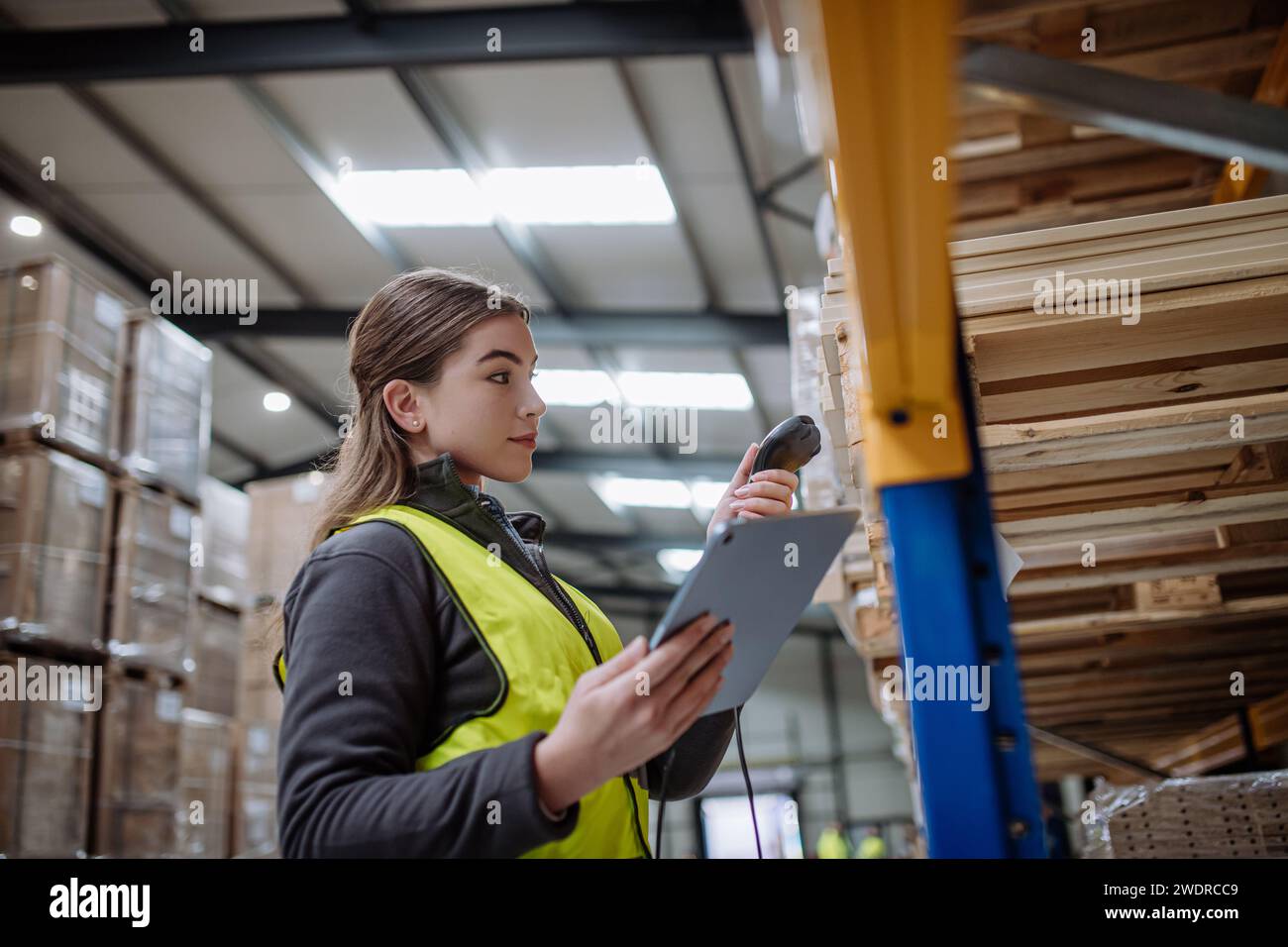 Female warehouse worker holding scanner, scanning the barcodes on