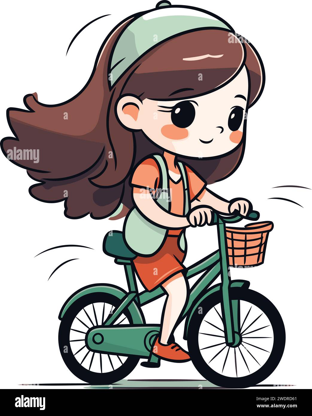 Cute little girl riding bicycle. Vector illustration in cartoon style. Stock Vector