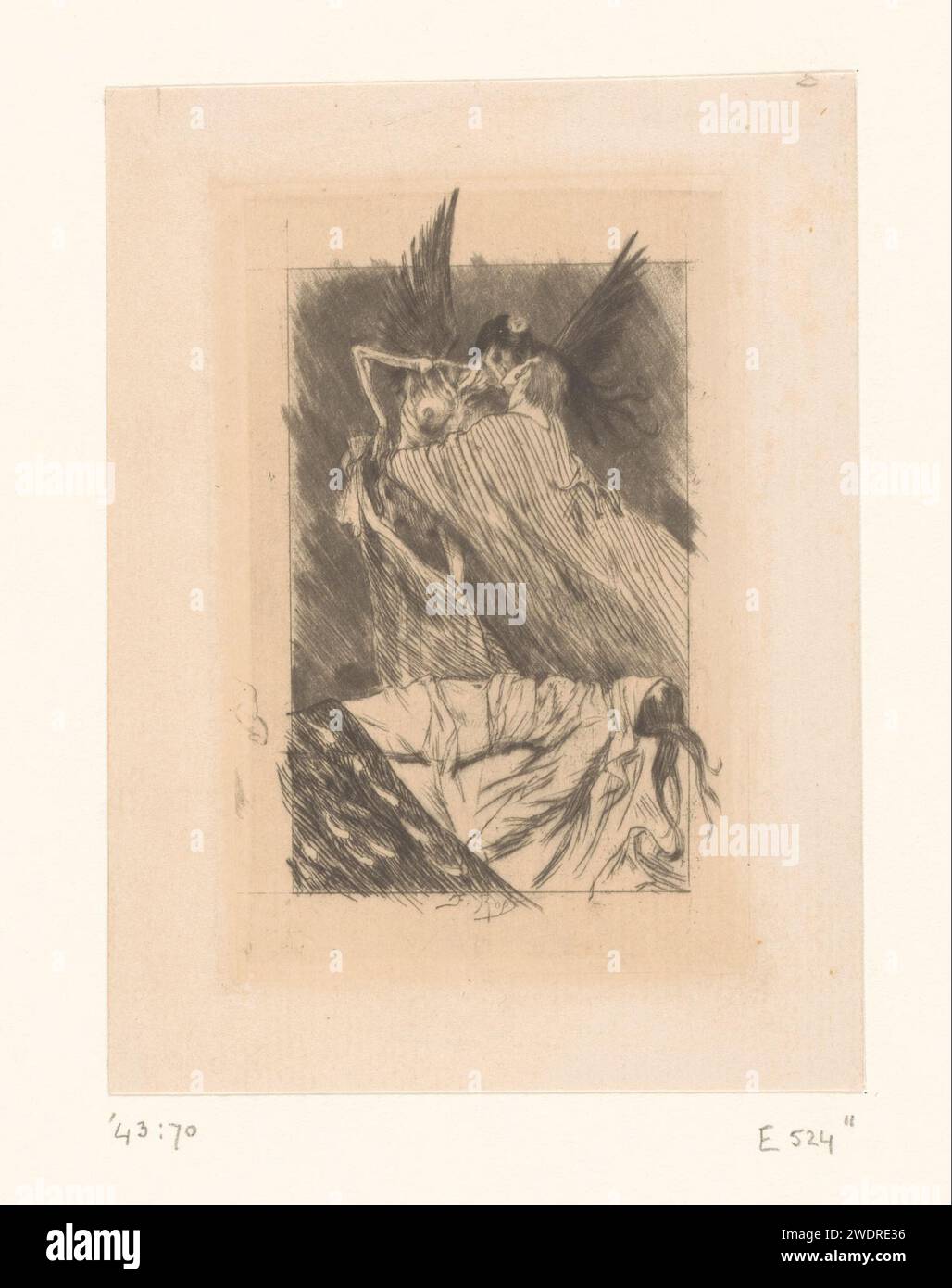 Man embraced and kissed by a death angel floating above a body wrapped