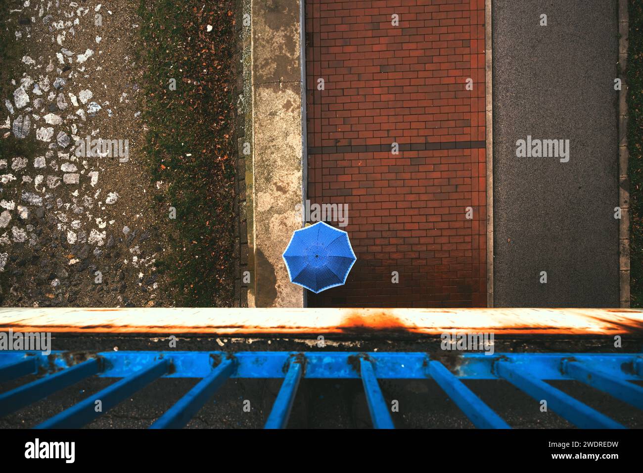 Top view of person with blue umbrella walking down the paved street on a rainy day, directly above Stock Photo