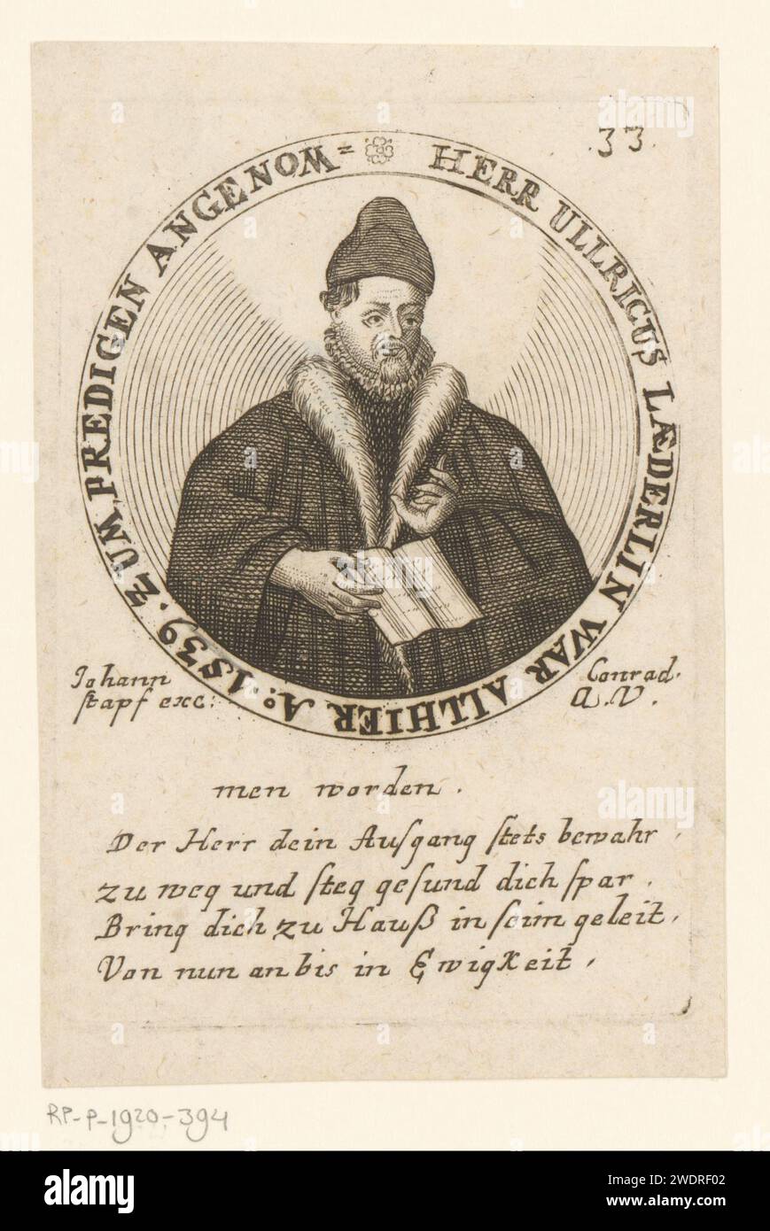 Portrait of Ulrich Läderlin, Anonymous, Johann Conrad Stapf (16th century), 1539 - c. 1600 print Numbered at the top right: 33. Augsburg paper engraving / etching historical persons Stock Photo