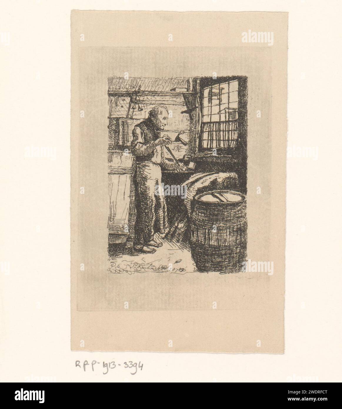 Kuiper at work in his workshop, Piet Verhaert, 1878 print paper etching ...