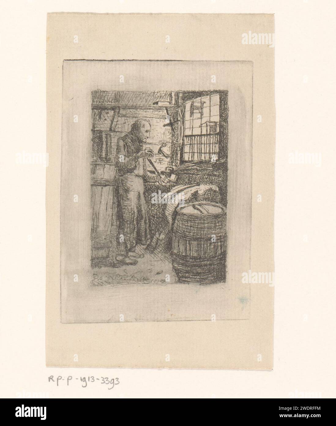 Kuiper at work in his workshop, Piet Verhaert, 1878 print paper etching ...
