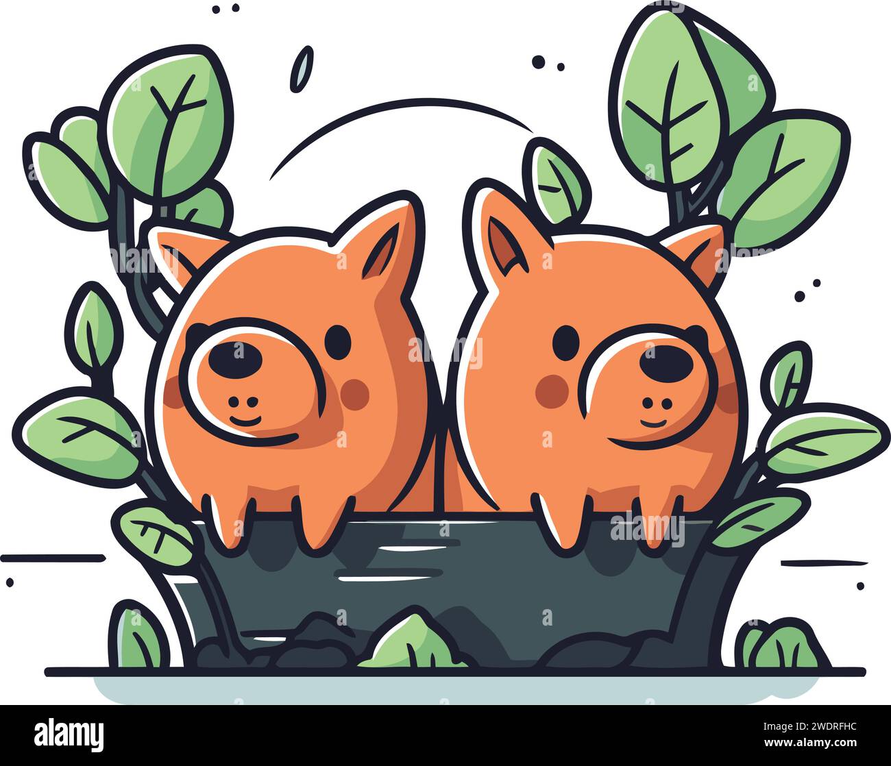 Cute little pigs in a basket. Vector illustration for your design Stock
