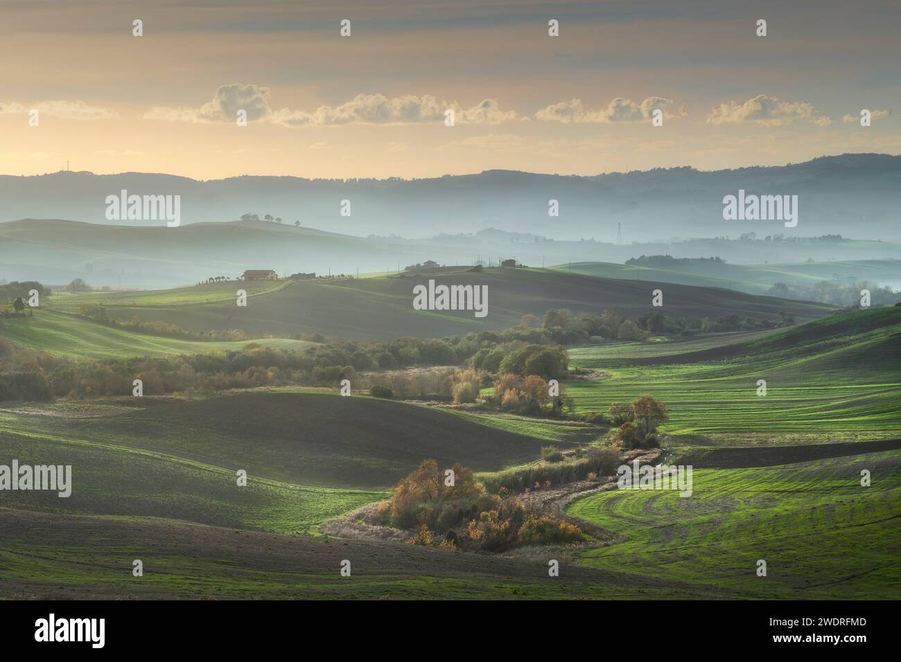 Countryside panorama in Tuscany, rolling hills and fields at sunset. Santa Luce, province of Pisa. Italy Stock Photo