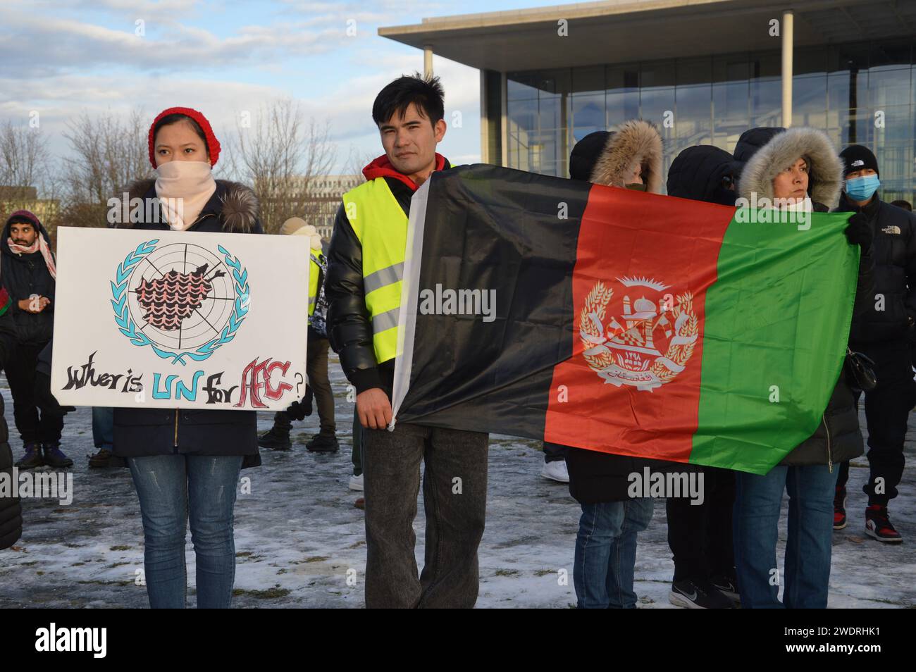 Berlin, Germany - January 21, 2024 - Rally in front of The German Chancellery against 'genocide' and for women in Hazaristan, Afghanistan. (Photo by Markku Rainer Peltonen) Stock Photo