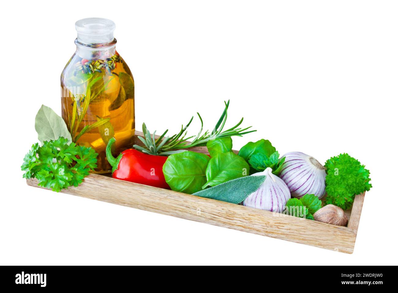 Herbs and oil isolated on white background Stock Photo