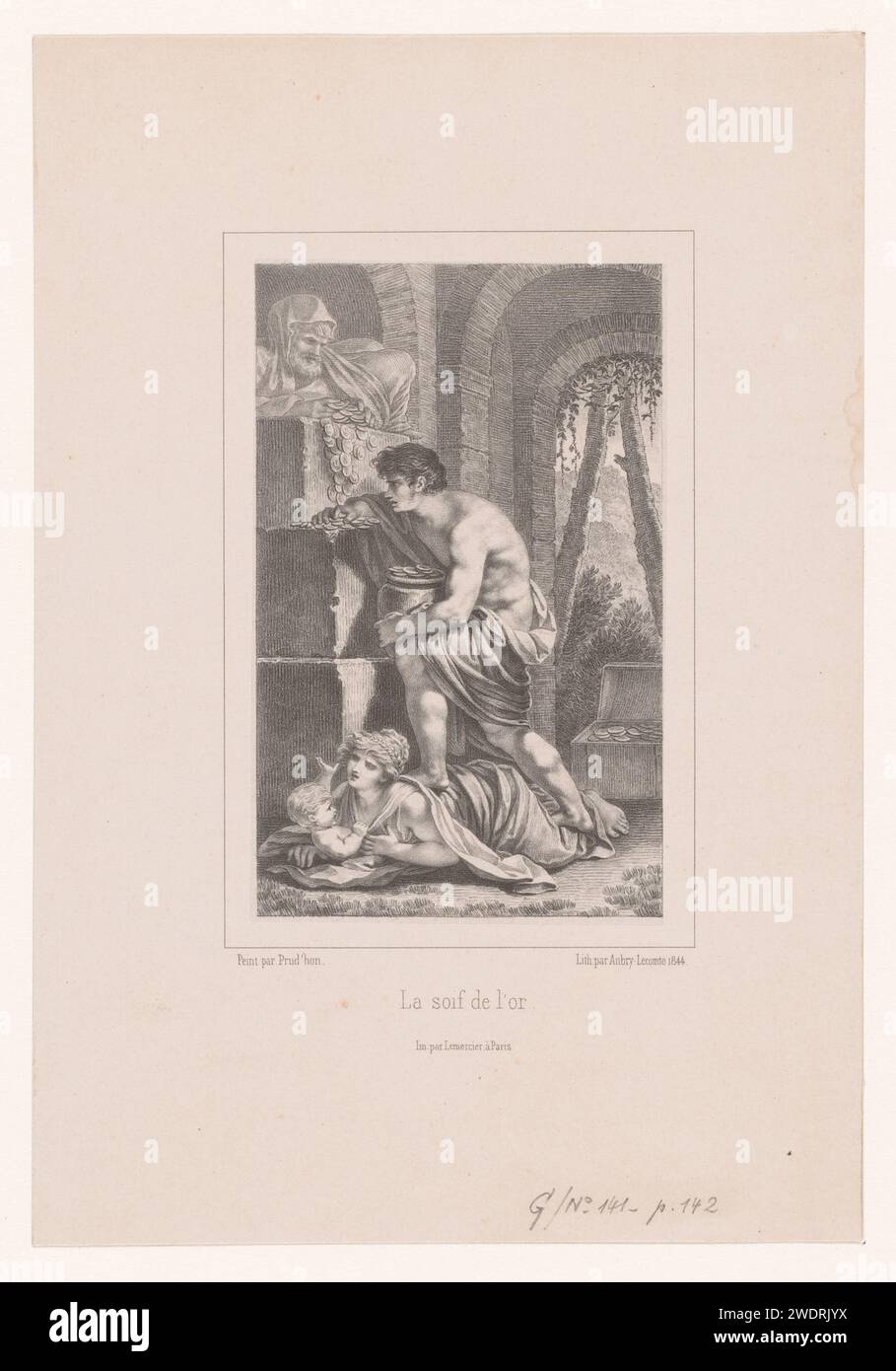 Edouard in Het Goud, Hyacinthe Louis Victor Jean Baptiste Aubry-Lecomte, after Pierre Prud'hon, 1844 print UIT scene 'The Indian tribe' van Lucien Bonaparte. Paris paper  literary characters and objects. treasure hunting, goldrush Stock Photo
