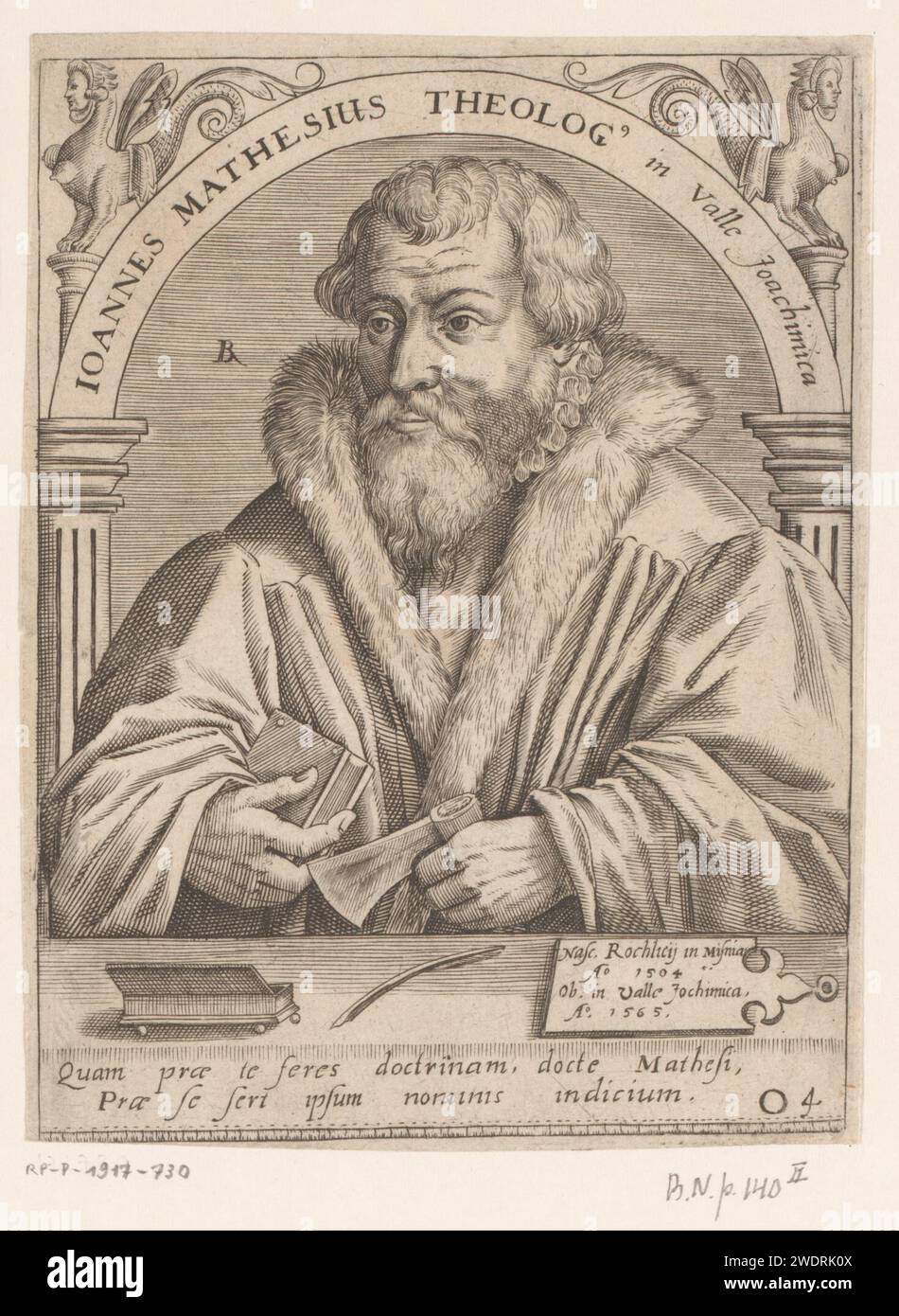 Portrait of Johannes Mathesius, Robert Boissard, 1597 - 1599 print Numbered O4 at the bottom right. France paper engraving historical persons. book. harpy (fabulous bird); 'Arpie' (Ripa) Stock Photo