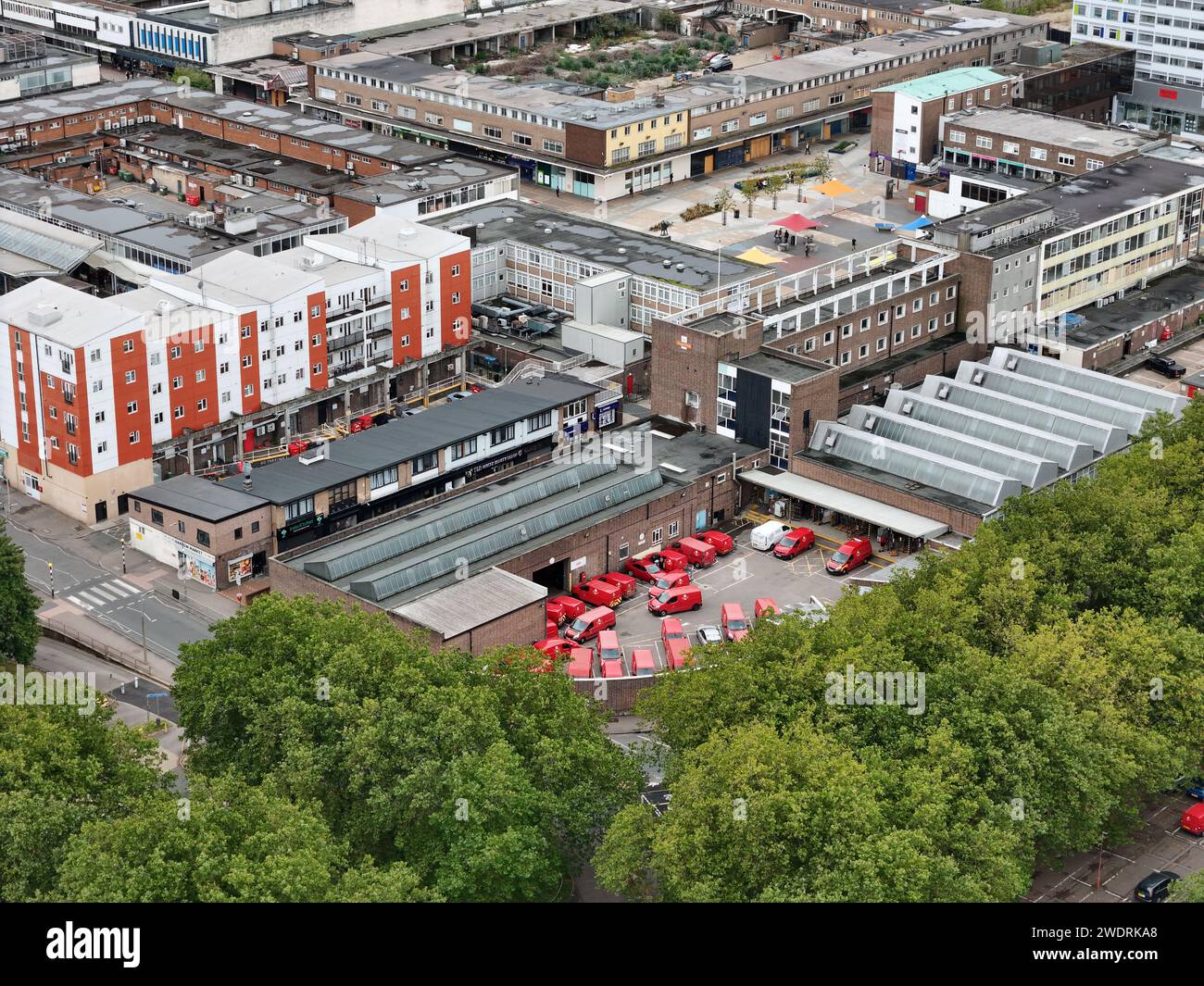 Post office vans parked Harlow town centre Essex UK drone,aerial Stock Photo Alamy