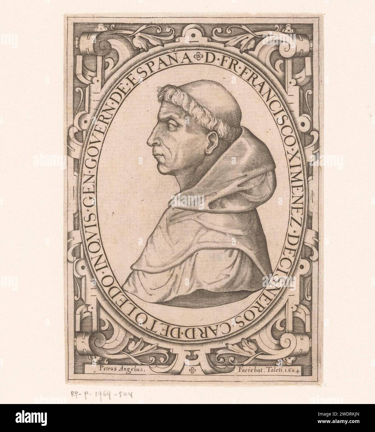 Portret Van Kardinaal Francisco Jiménez de Cisneros, Pedro Angel, 1604 print  Toledo paper etching historical persons. cardinal Stock Photo