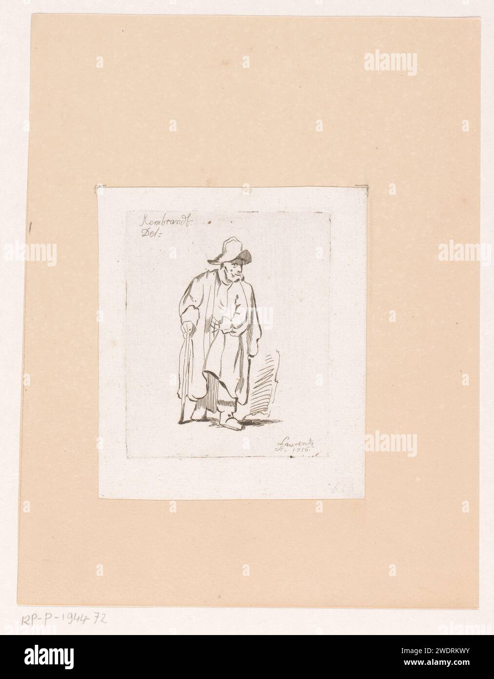 Old man with walking stick, Johann Daniel Laurentz, after Rembrandt van ...