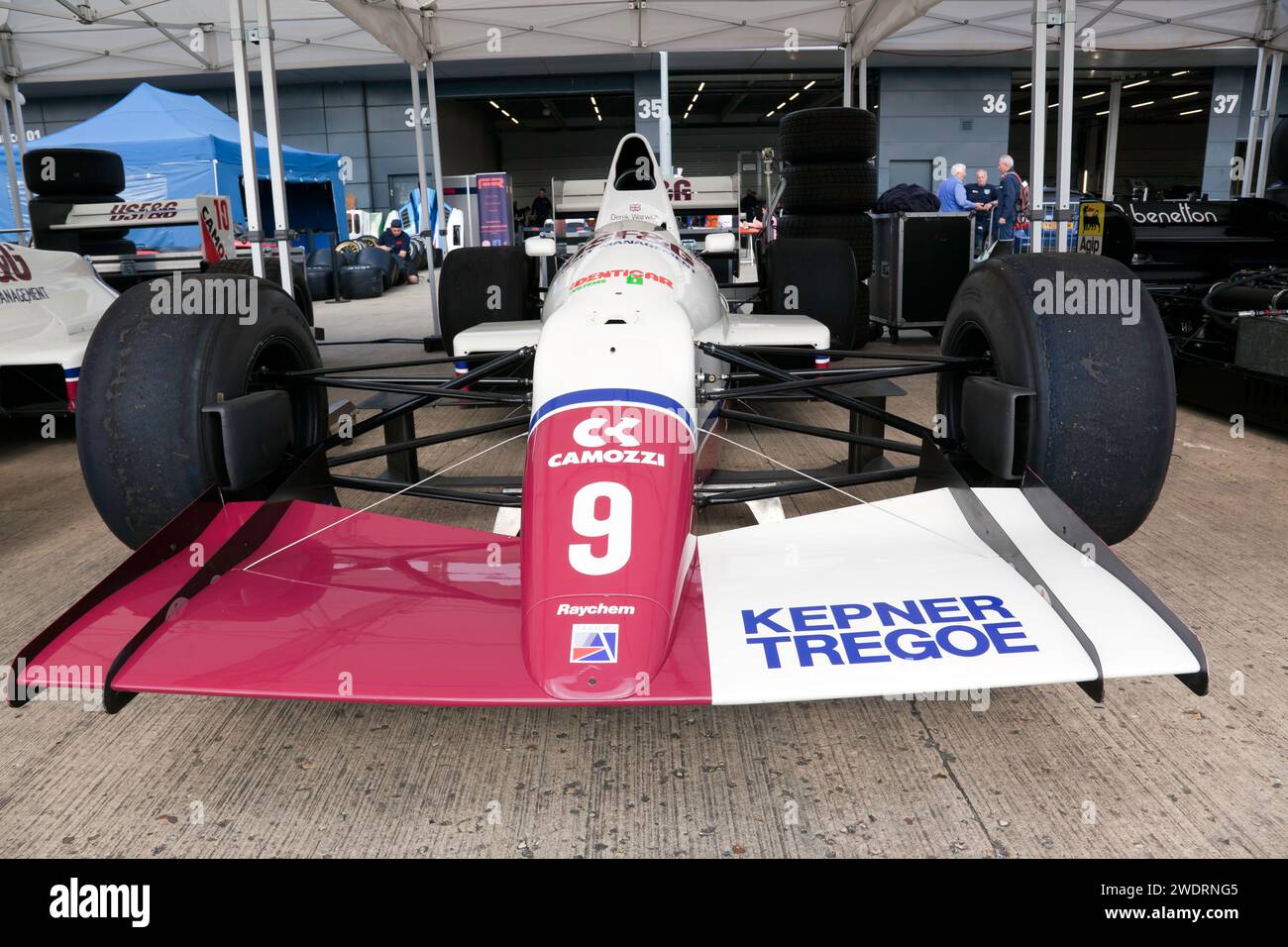 Front view of the White and Red, Arrows A11, driver, in period by Derek Warwick, on Display at the 2023 Silverstone Festival Stock Photo