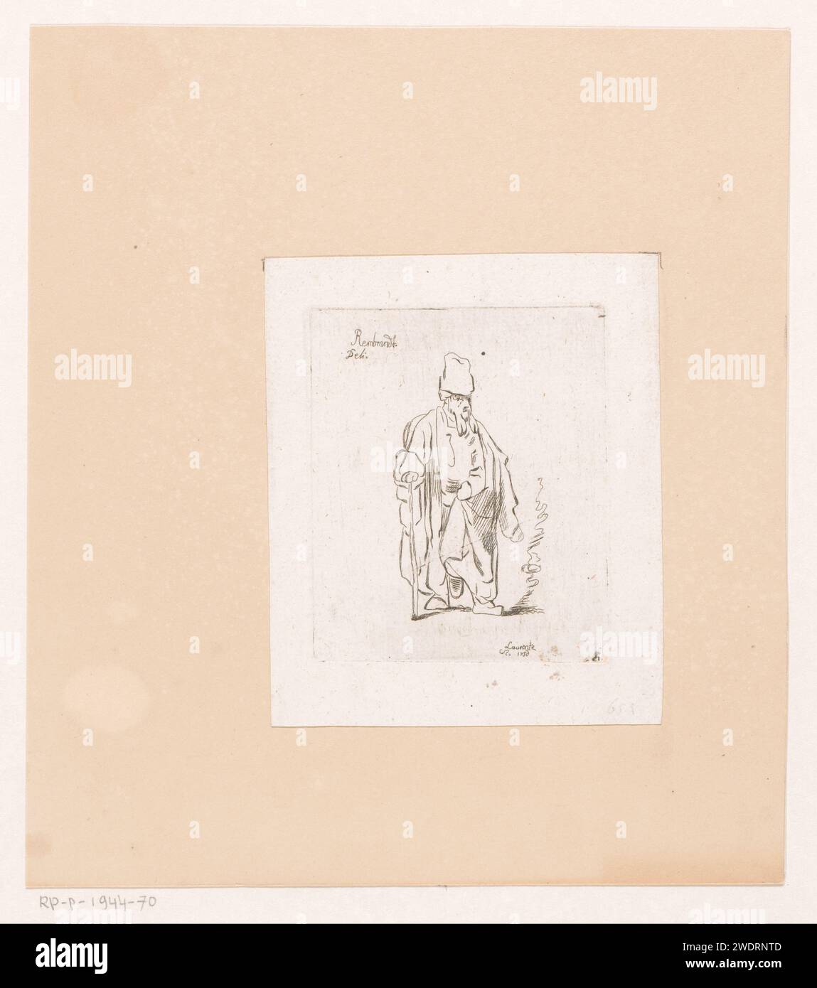 Old man with walking stick, Johann Daniel Laurentz, after Rembrandt van ...