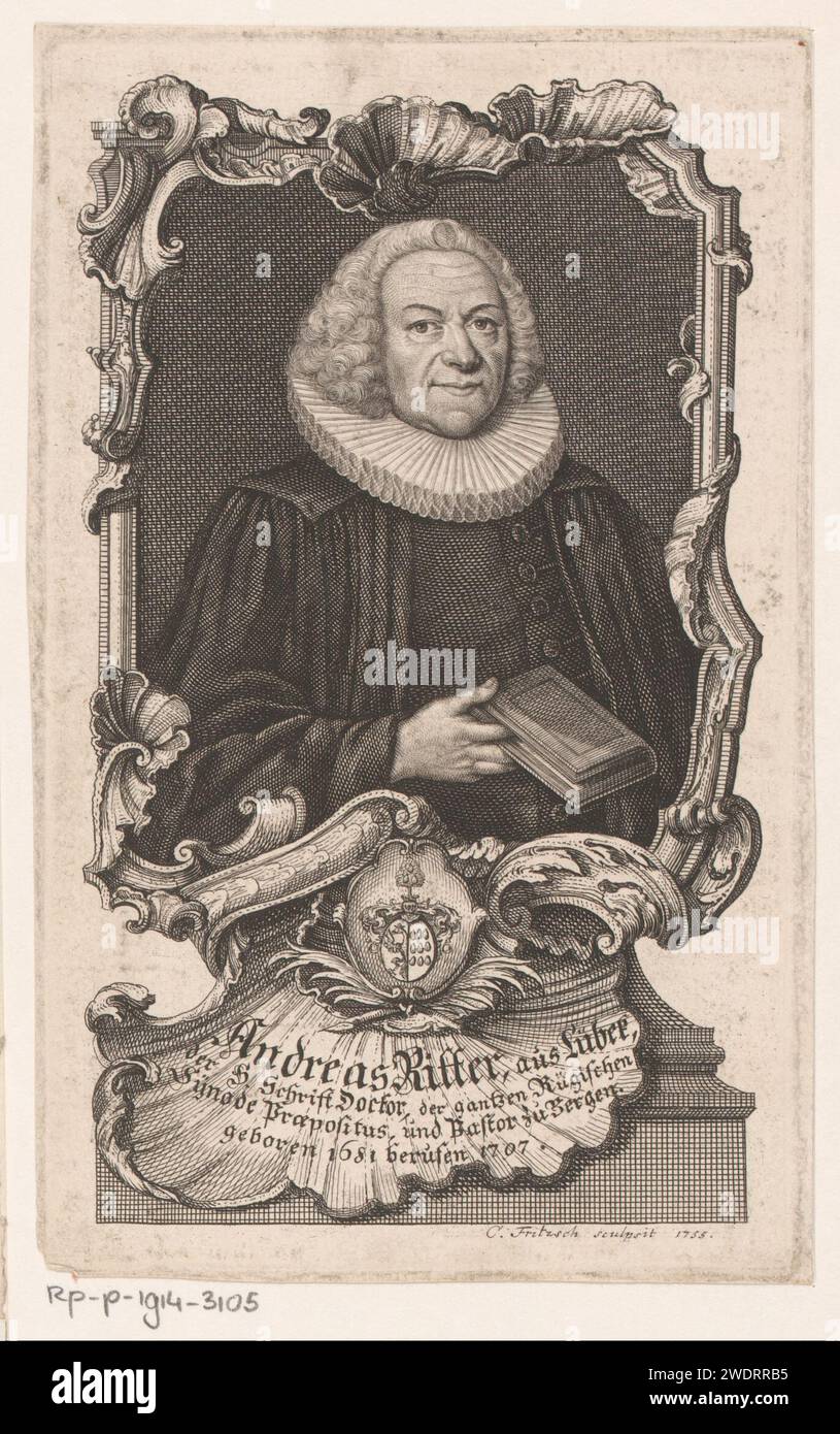 Portrait van Andreas Ritter, Christian Fritzsch, 1755 print   paper engraving historical persons. theologian. armorial bearing, heraldry. book. rocaille ornament Stock Photo
