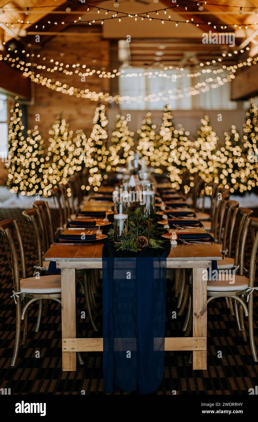 Wedding reception dinner table with lights and decorations Stock Photo