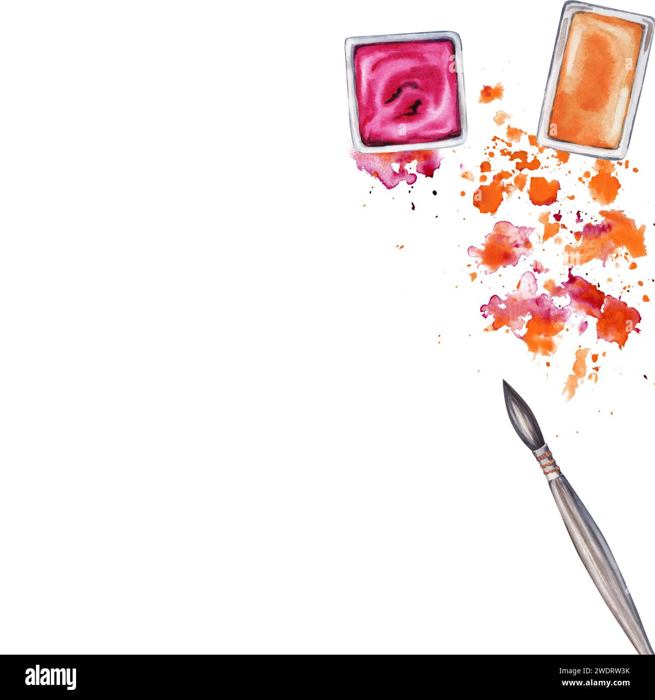 Flat Lay composition with pans of watercolor paint and an artistic