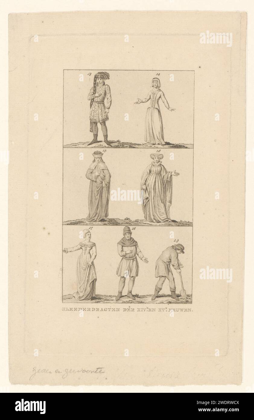 Seven figures in traditional costumes from the fourteenth and fifteenth