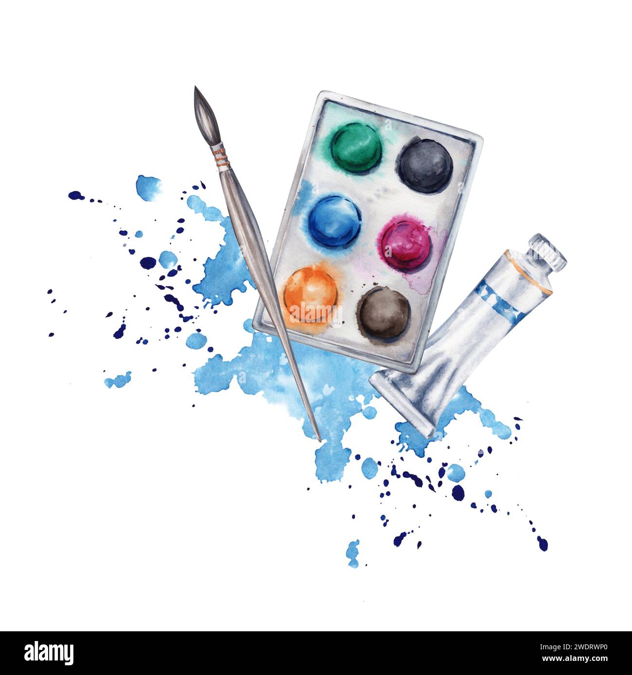 Flat lay composition with paint set, brushes, paint tube and blue