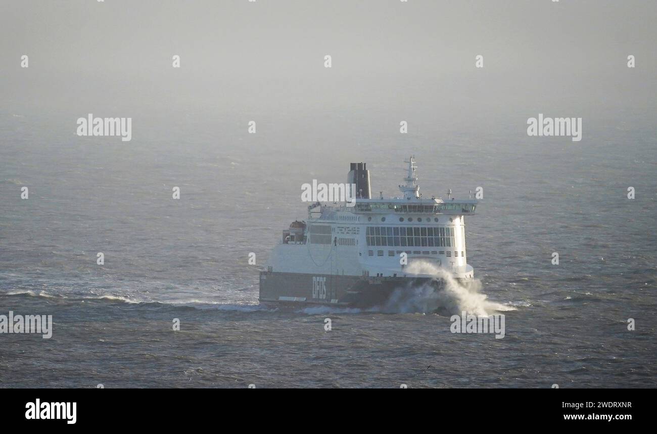 RETRANSMITTING ADDING BYLINE A DFDS ferry arrives at the Port of Dover in Kent during the aftermath of Storm Isha. Thousands of people have been left without power as Storm Isha brought disruption to the electricity and transport networks across the UK. Picture date: Monday January 22, 2024. Stock Photo