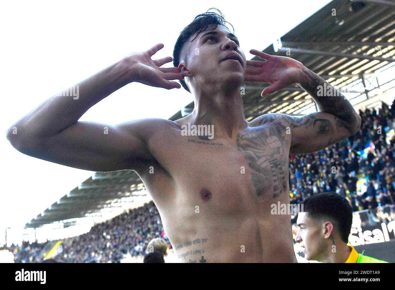 Kaio Jorge of Frosinone celebrates after scoring the goal of 3-1 during the Serie A football match between Frosinone Calcio and Cagliari Calcio at Benito Stirpe stadium in Frosinone (Italy), January 21st, 2024. Stock Photo