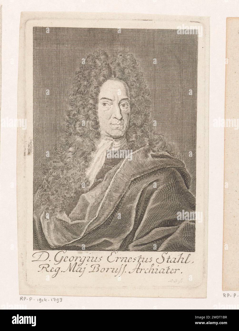 Portrait of Georg Ernst Stahl, Martin Berbigeroth, 1715 print  Leipzig paper engraving historical persons Stock Photo