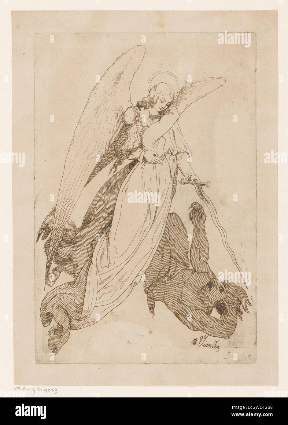 Engel lifts a female holy and beats a demon, Heinrich Vianden, 1836 print  Germany (possibly) paper etching angels fighting against other evil powers. devil(s) and demons. gripping someone by other parts of the body Stock Photo