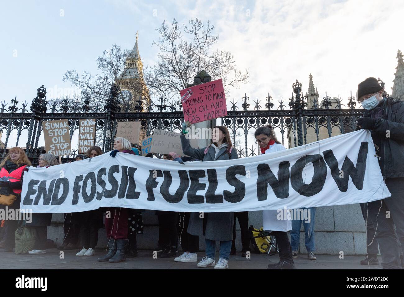 London, UK. 22 January, 2024. A coalition of climate activists, including Just Stop Oil, Fossil Free London and Extinction Rebellion, protest outside Parliament against the Offshore Petroleum Licences Bill ahead of its second reading in the House of Commons. Credit: Ron Fassbender/Alamy Live News Stock Photo